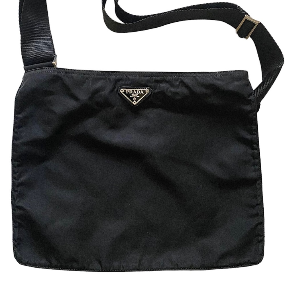 AUTHENTIC PRADA NYLON CROSS-BODY FLAT ZIPPER BAG BLACK, H: 10” X W: 12.25” - Picture 5 of 14